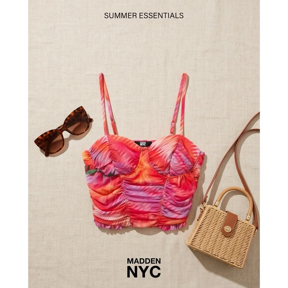 Madden NYC M Pink Orange Tropical Mesh Shirred Bustier Crop Top Medium NWT